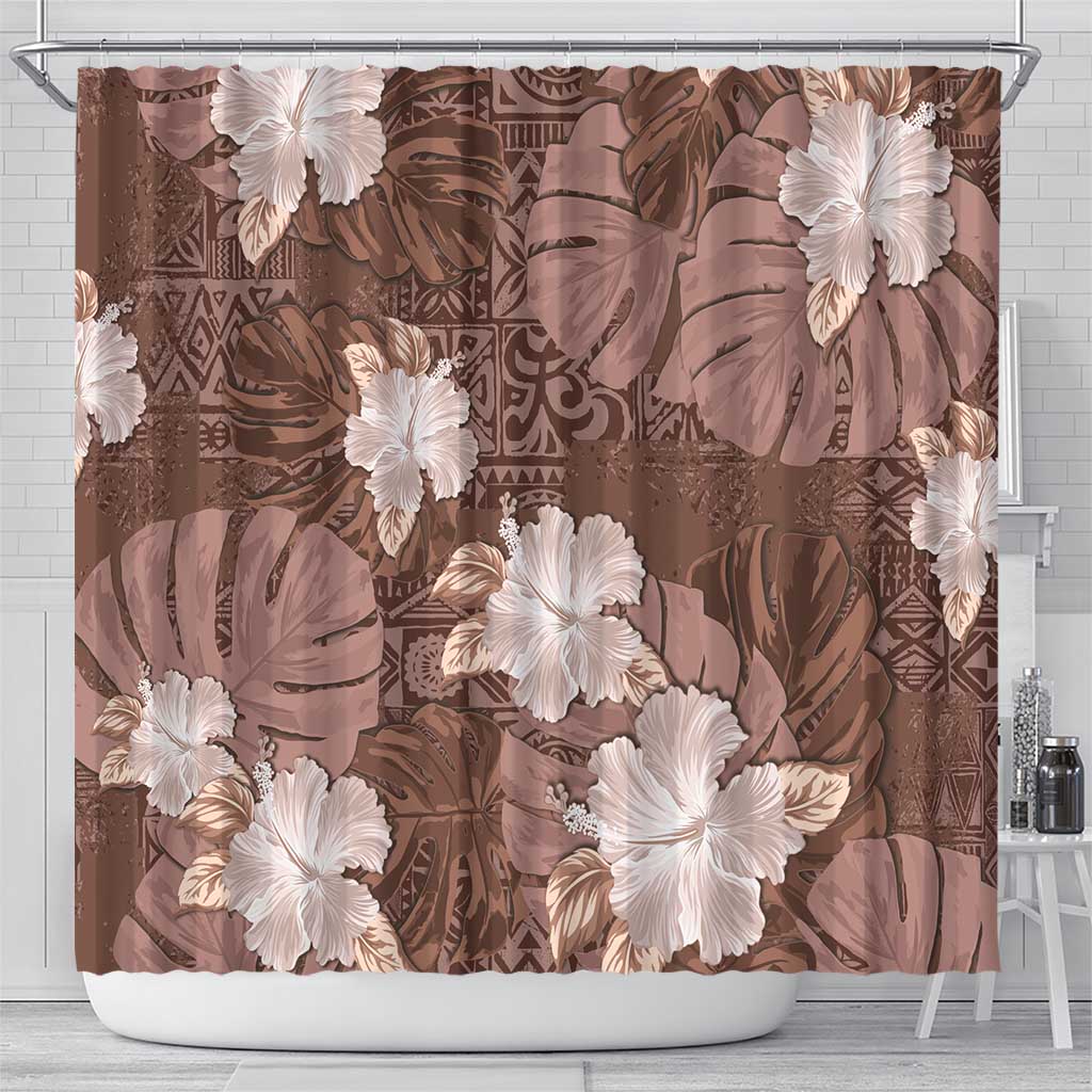 Hawaii Shower Curtain Brown Polynesian Monstera Patterns - Polynesian Pride
