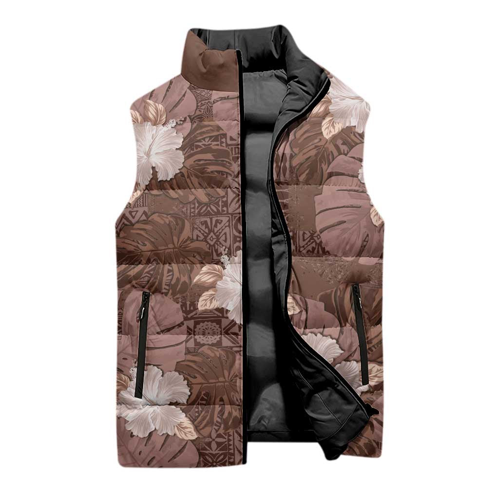 Hawaii Sleeveless Puffer Jacket Brown Polynesian Monstera Patterns DT05 - Polynesian Pride