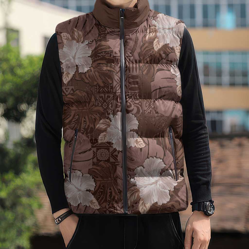 Hawaii Sleeveless Puffer Jacket Brown Polynesian Monstera Patterns DT05 - Polynesian Pride