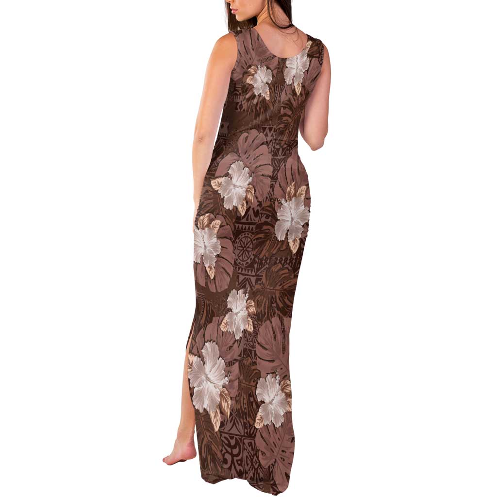 Hawaii Tank Maxi Dress Brown Polynesian Monstera Patterns - Polynesian Pride