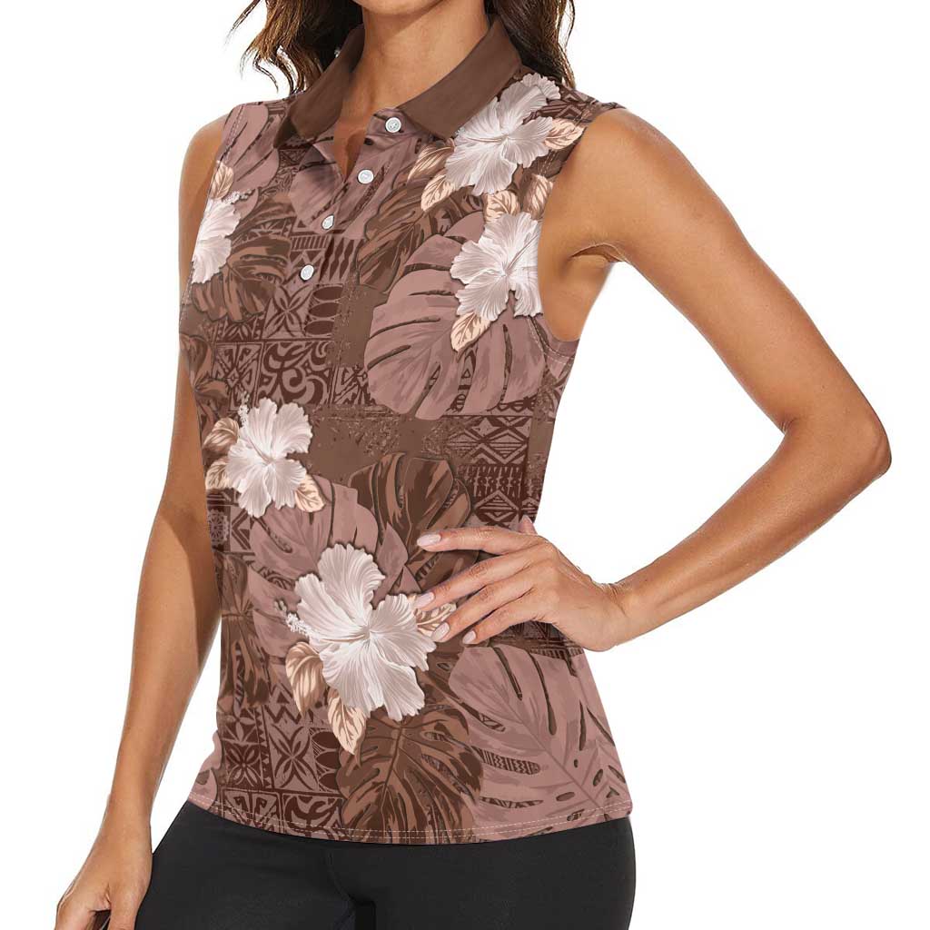 Hawaii Women Sleeveless Polo Shirt Brown Polynesian Monstera Patterns DT05 - Polynesian Pride
