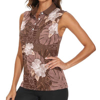 Hawaii Women Sleeveless Polo Shirt Brown Polynesian Monstera Patterns DT05 - Polynesian Pride