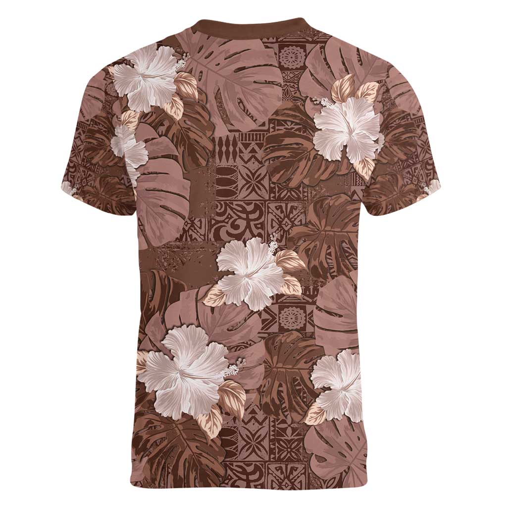 Hawaii Women V-Neck T-Shirt Brown Polynesian Monstera Patterns - Polynesian Pride