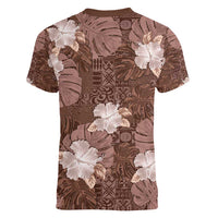 Hawaii Women V-Neck T-Shirt Brown Polynesian Monstera Patterns - Polynesian Pride