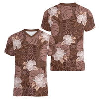 Hawaii Women V-Neck T-Shirt Brown Polynesian Monstera Patterns - Polynesian Pride