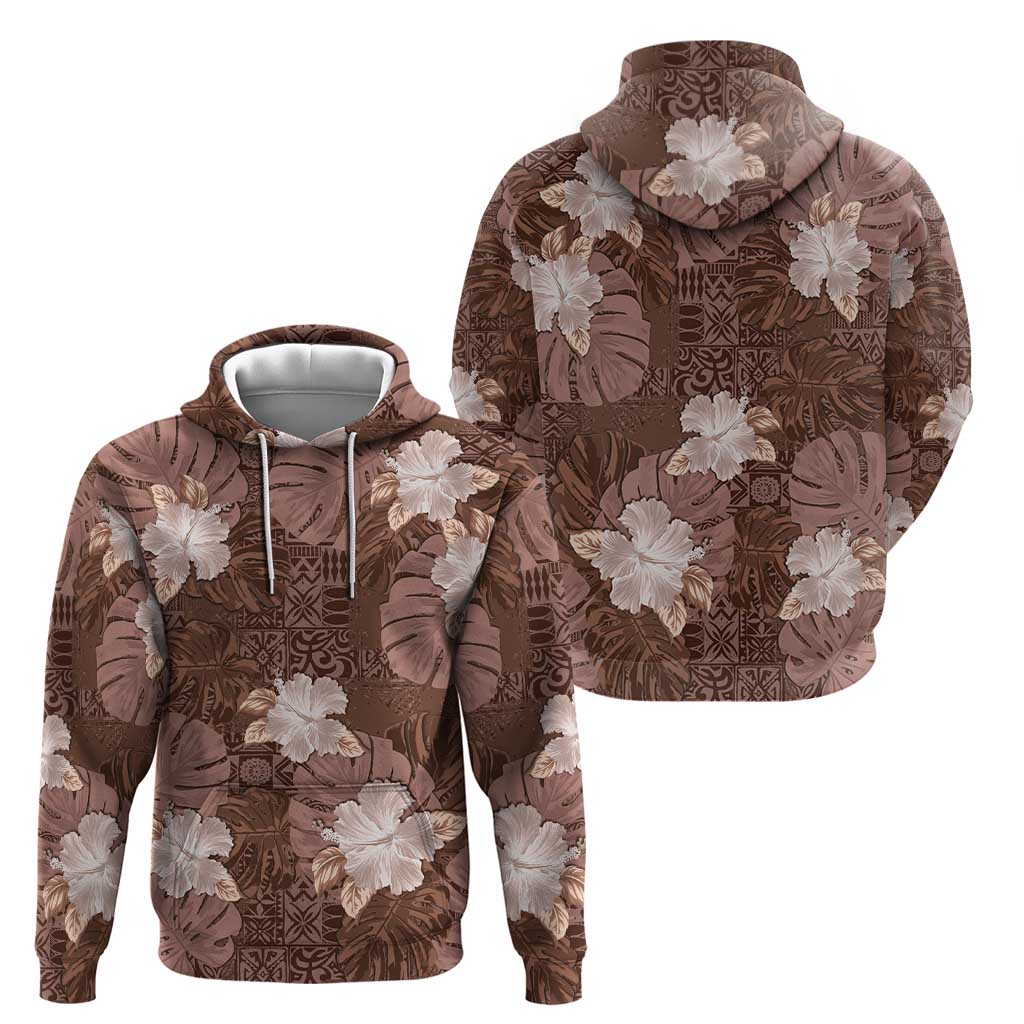 Hawaii Zip Hoodie Brown Polynesian Monstera Patterns - Polynesian Pride