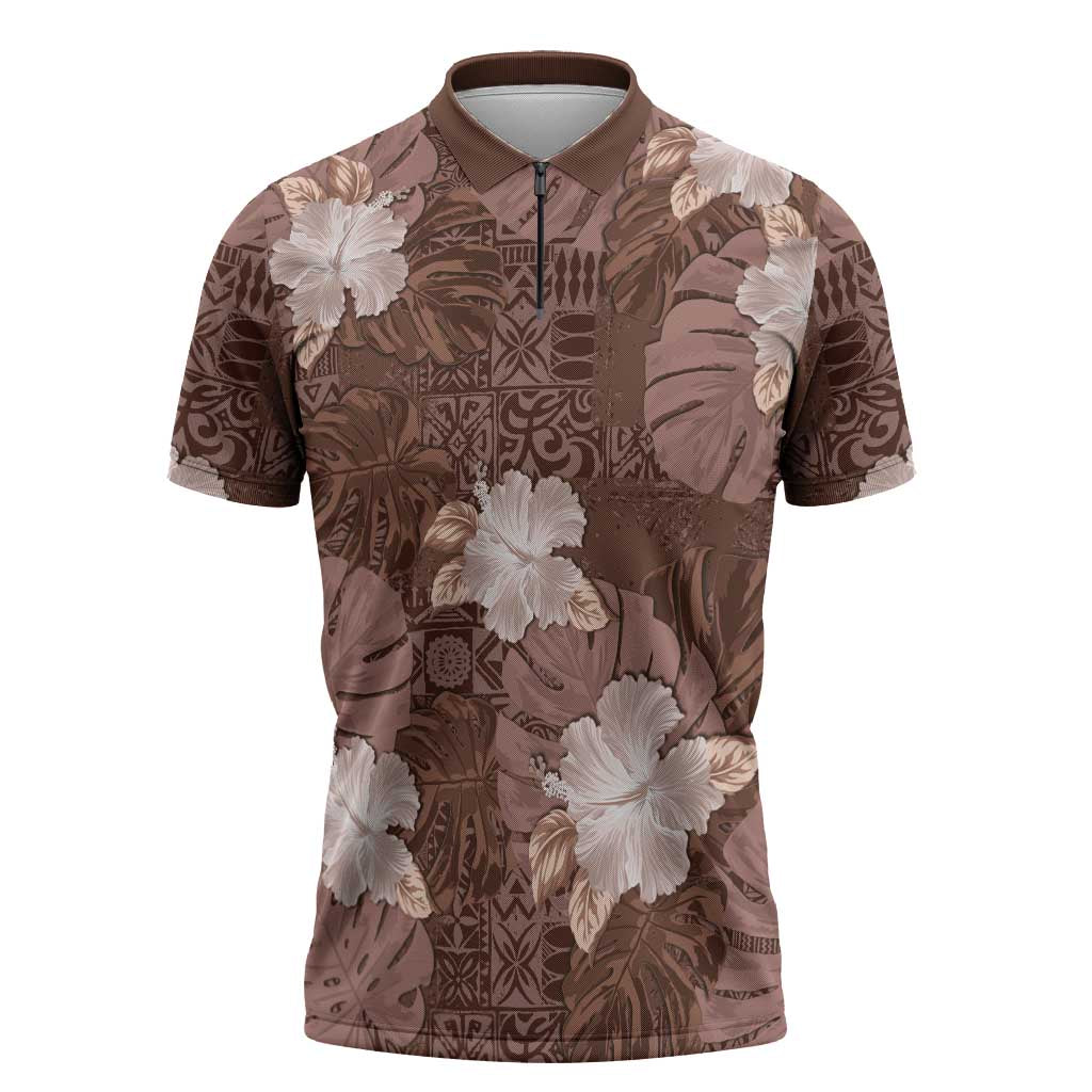 Hawaii Zipper Polo Shirt Brown Polynesian Monstera Patterns DT05 Brown - Polynesian Pride