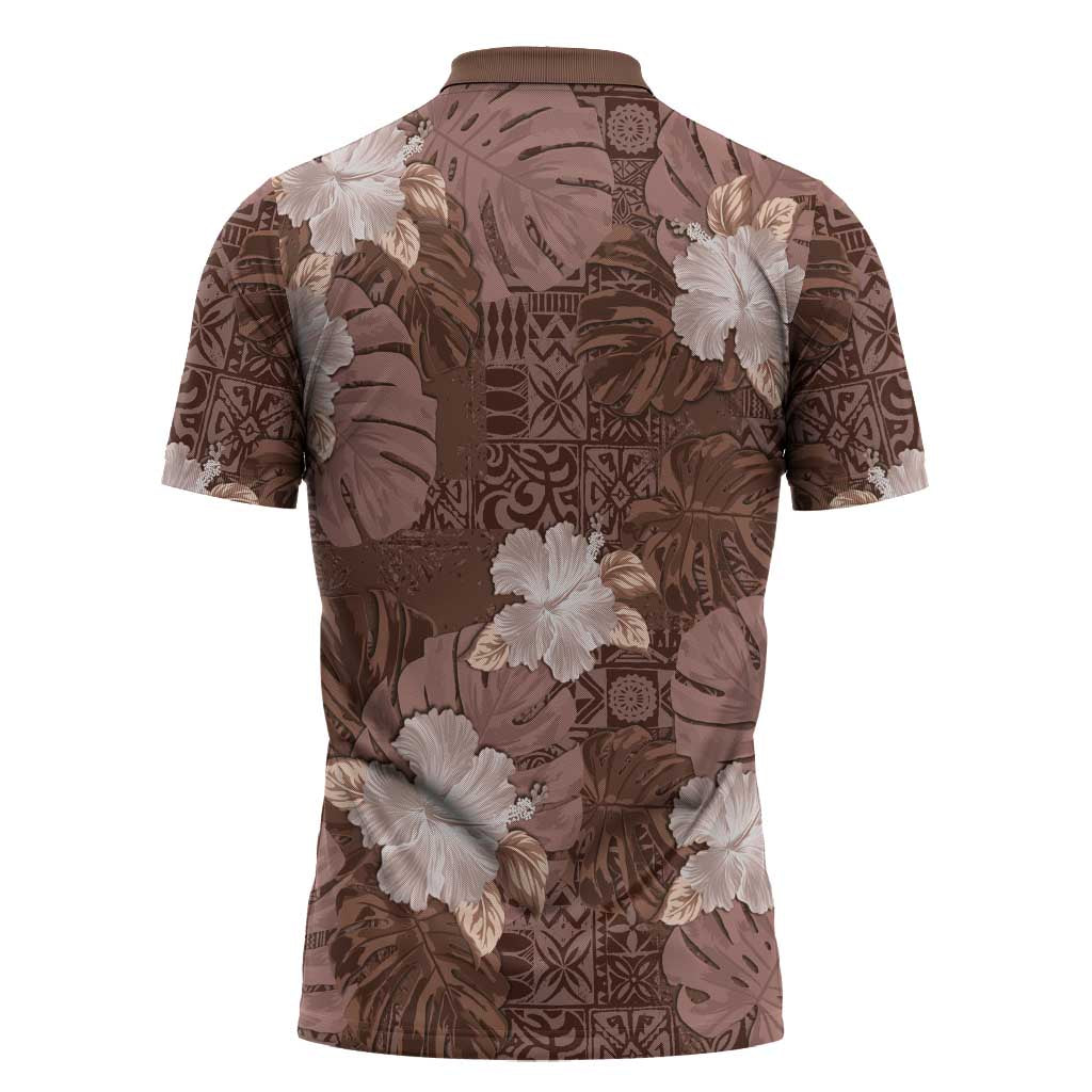 Hawaii Zipper Polo Shirt Brown Polynesian Monstera Patterns DT05 - Polynesian Pride