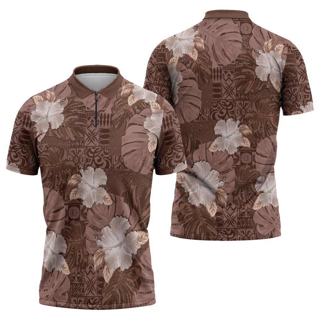Hawaii Zipper Polo Shirt Brown Polynesian Monstera Patterns DT05 - Polynesian Pride