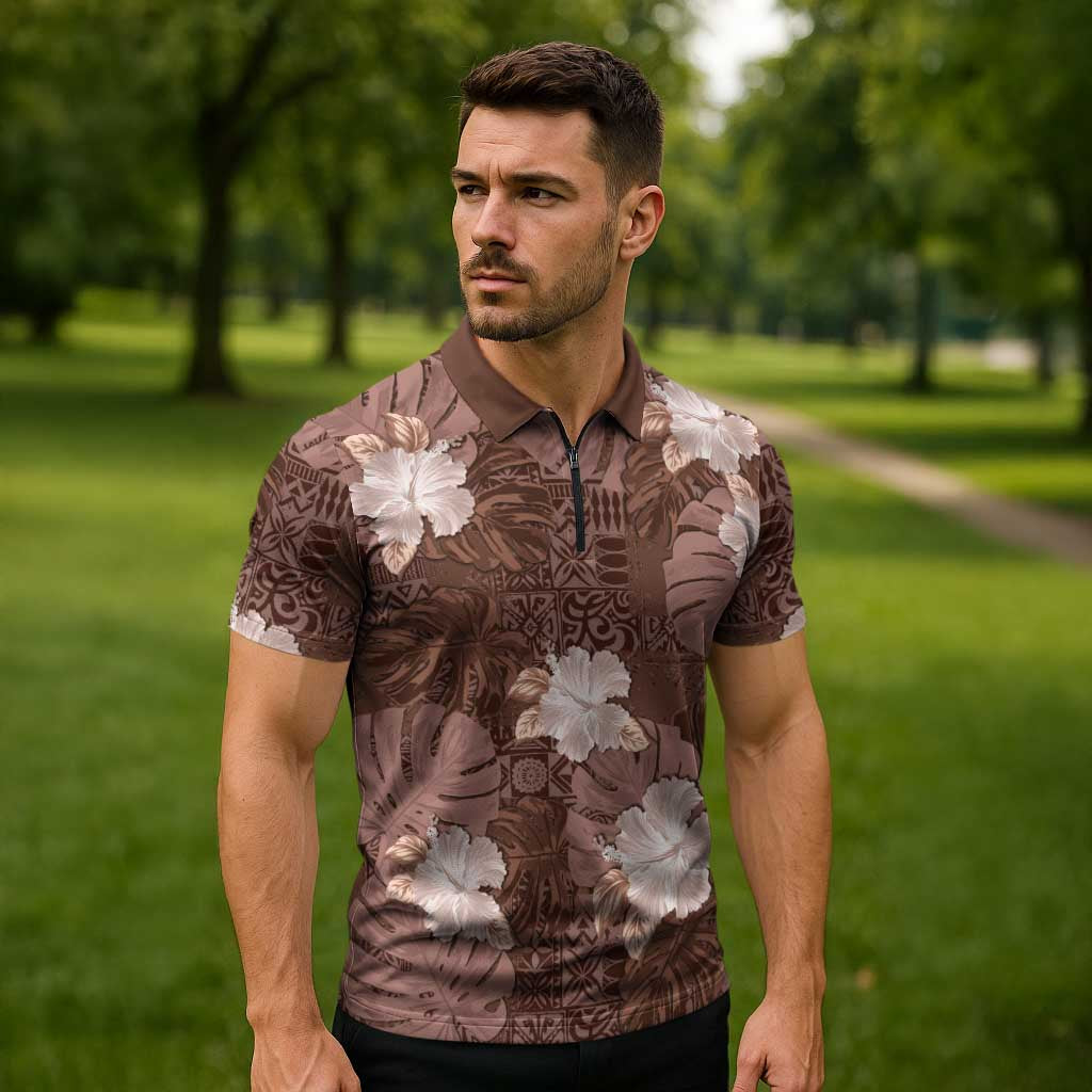 Hawaii Zipper Polo Shirt Brown Polynesian Monstera Patterns DT05 - Polynesian Pride