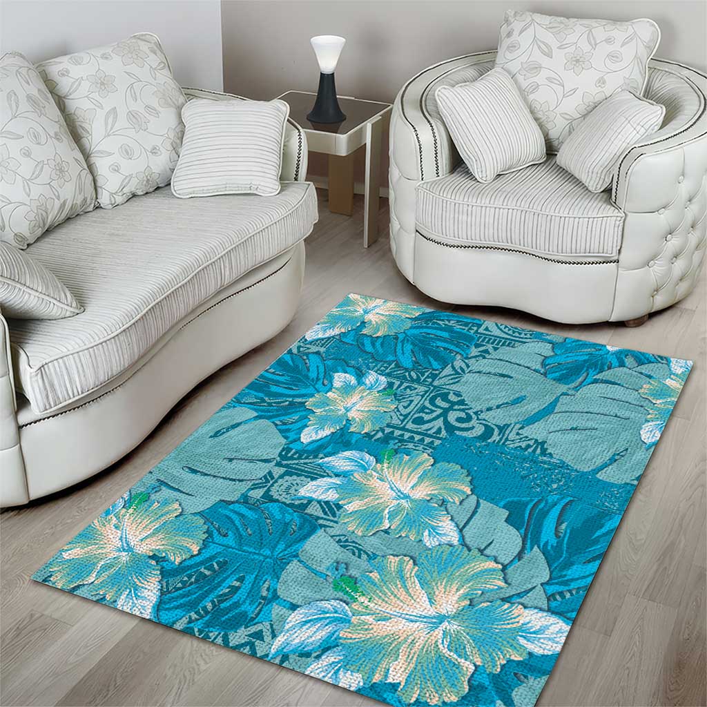 Hawaii Area Rug Teal Polynesian Monstera Patterns - Polynesian Pride