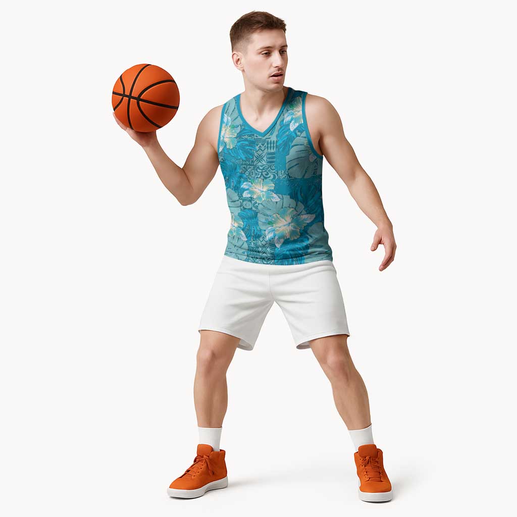Hawaii Basketball Jersey Teal Polynesian Monstera Patterns DT05 - Polynesian Pride