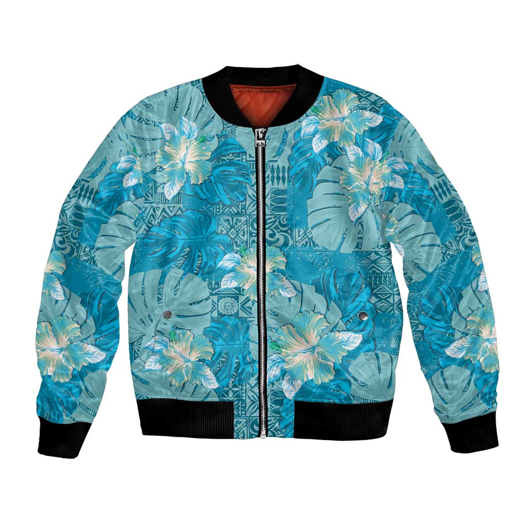 Hawaii Bomber Jacket Teal Polynesian Monstera Patterns - Polynesian Pride