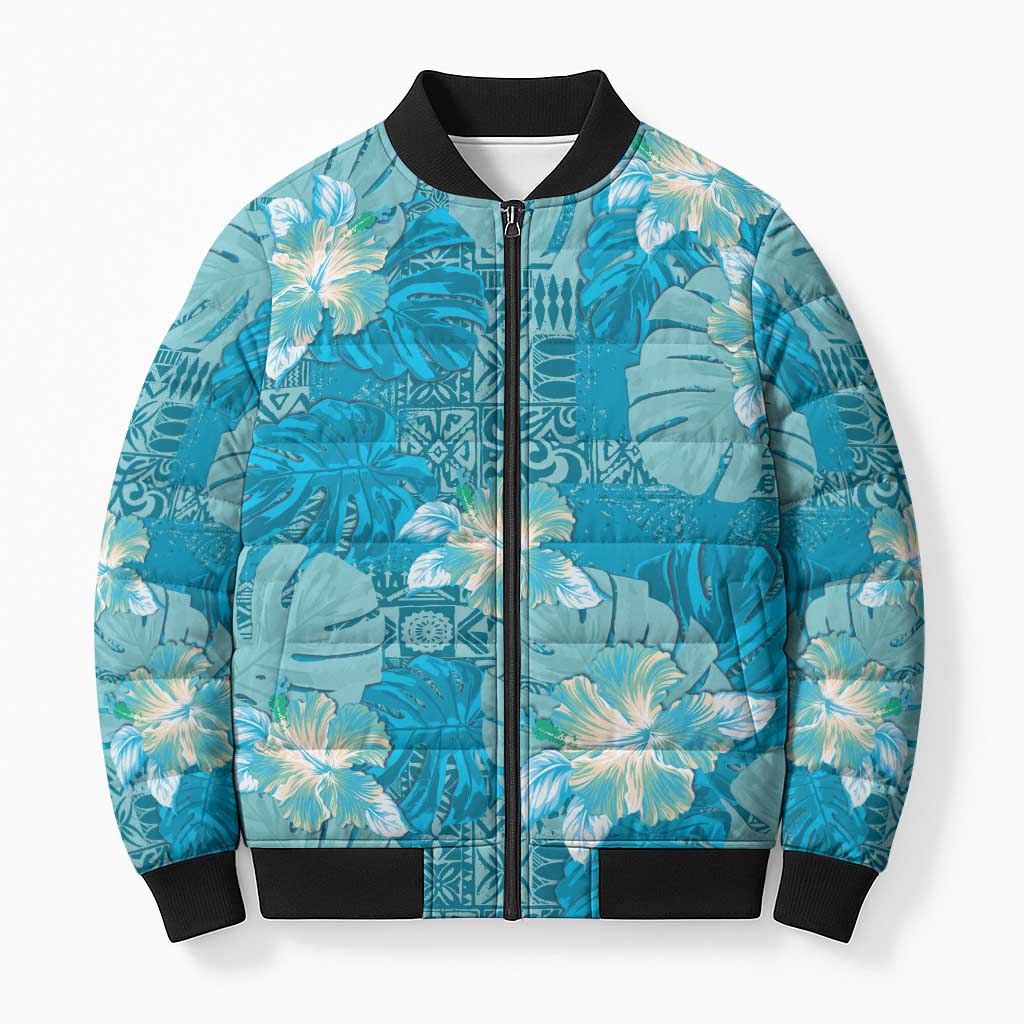 Hawaii Bomber Puffer Jacket Teal Polynesian Monstera Patterns DT05 Unisex Teal - Polynesian Pride