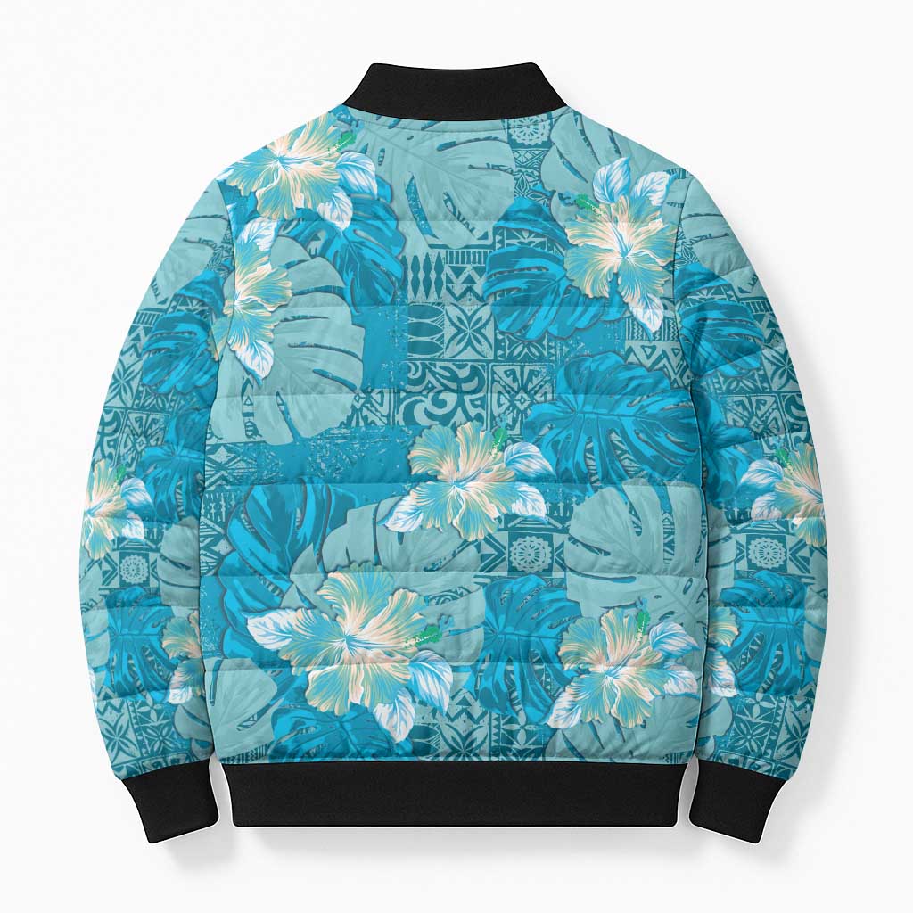 Hawaii Bomber Puffer Jacket Teal Polynesian Monstera Patterns DT05 - Polynesian Pride