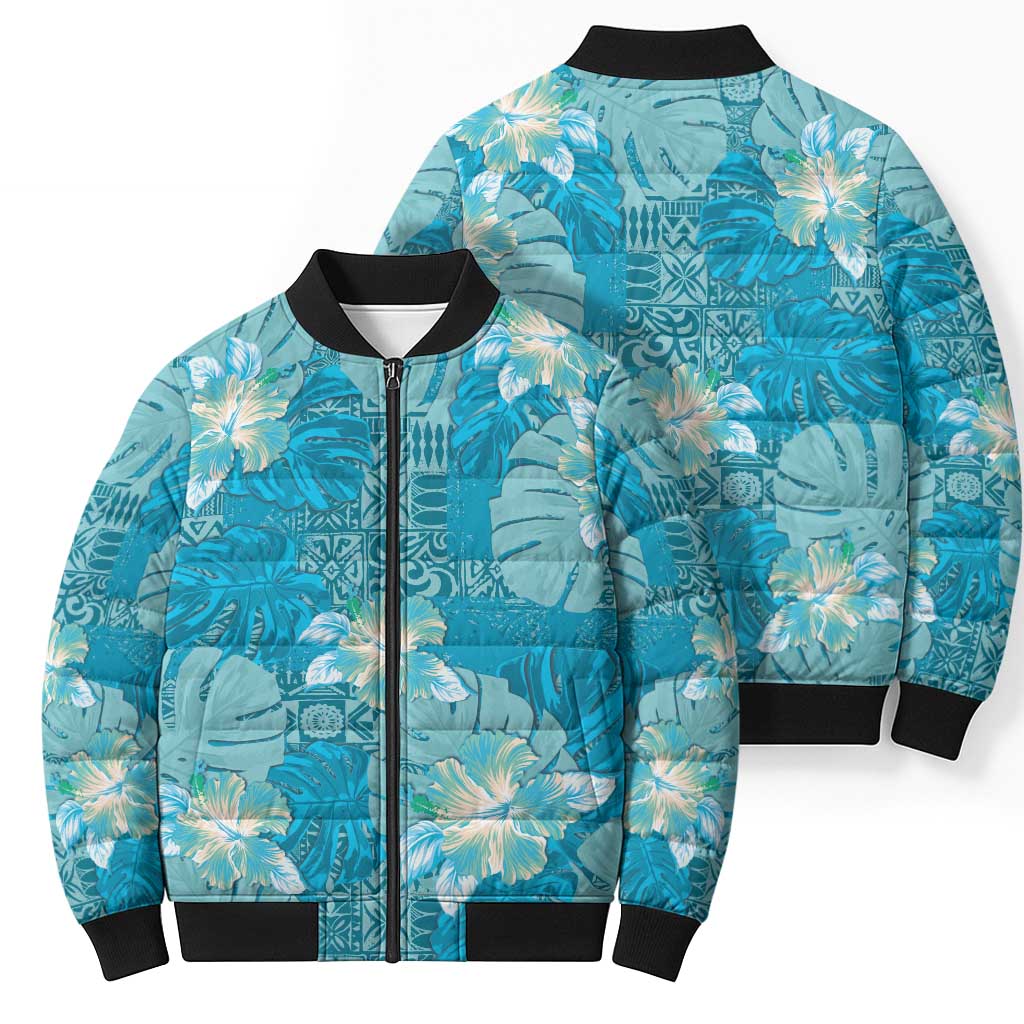 Hawaii Bomber Puffer Jacket Teal Polynesian Monstera Patterns DT05 - Polynesian Pride