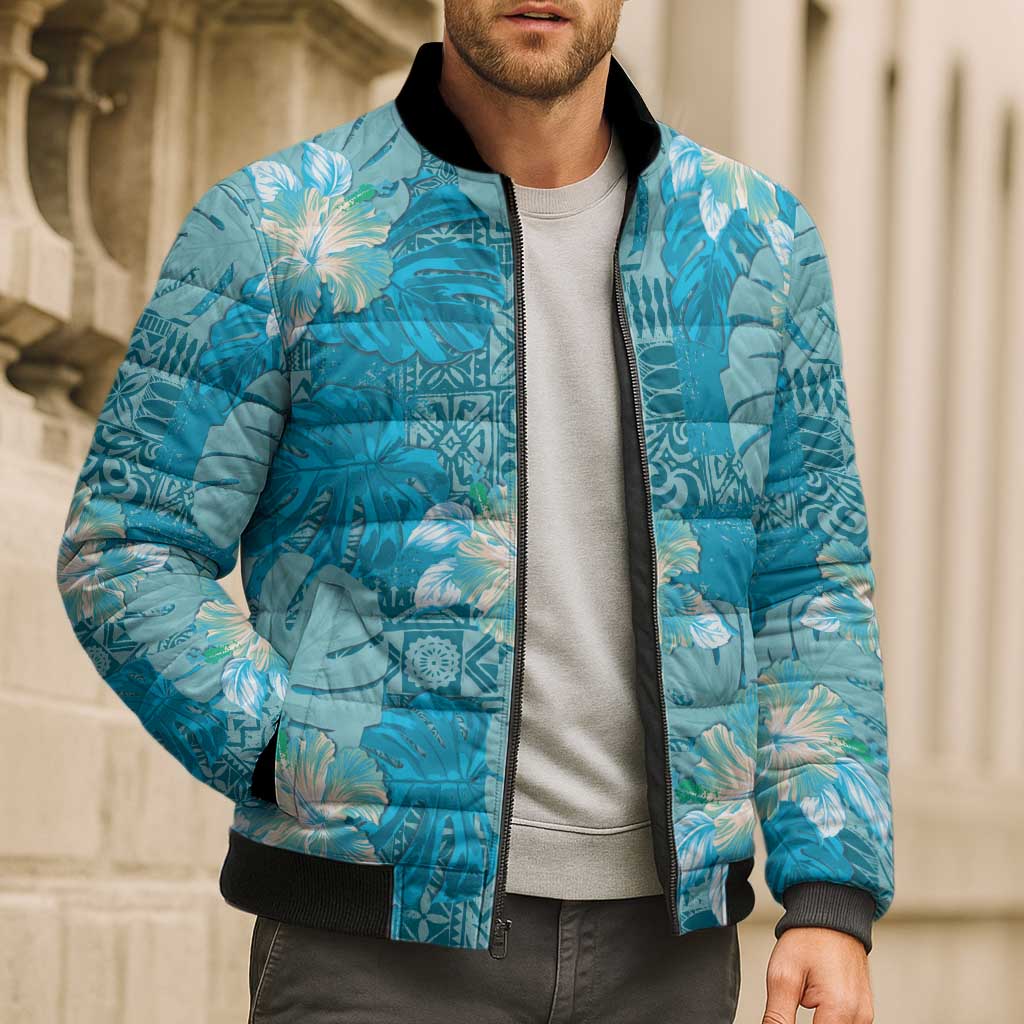 Hawaii Bomber Puffer Jacket Teal Polynesian Monstera Patterns DT05 - Polynesian Pride