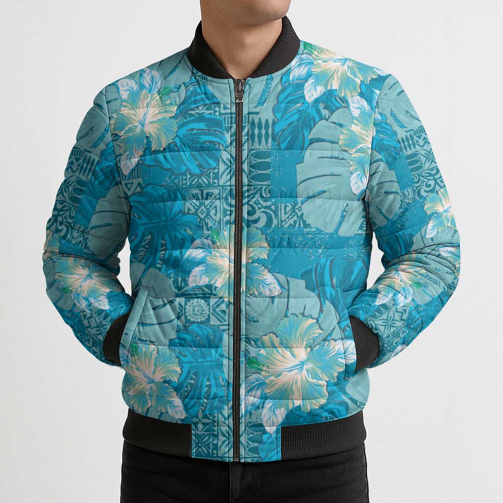 Hawaii Bomber Puffer Jacket Teal Polynesian Monstera Patterns DT05 - Polynesian Pride