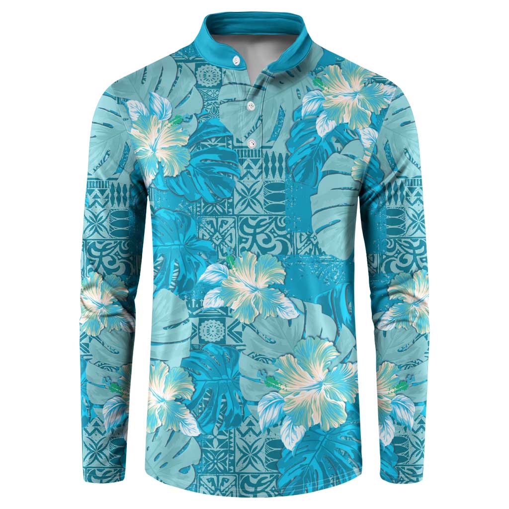 Hawaii Button Sweatshirt Teal Polynesian Monstera Patterns DT05 Teal - Polynesian Pride