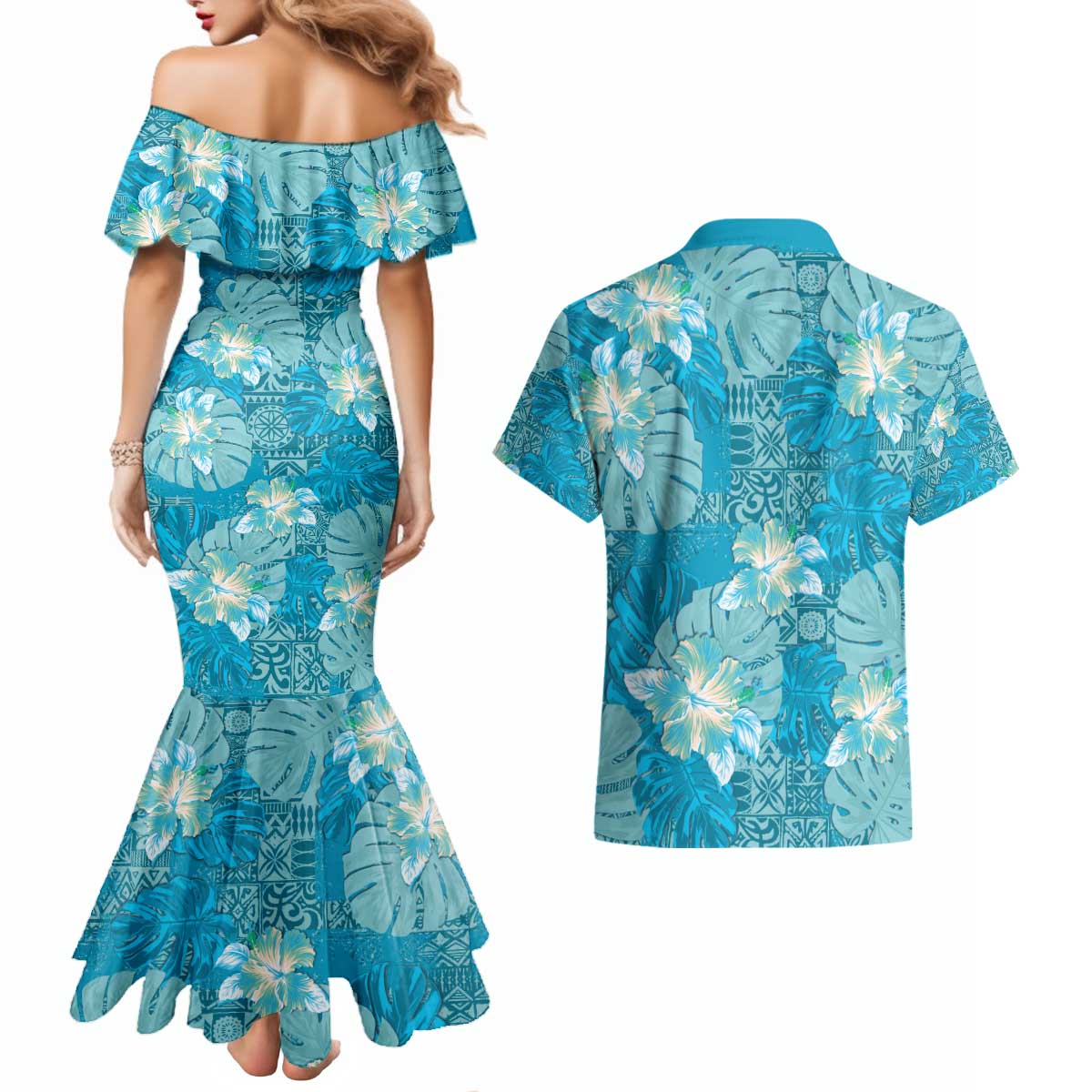 Hawaii Couples Matching Mermaid Dress and Hawaiian Shirt Teal Polynesian Monstera Patterns - Polynesian Pride