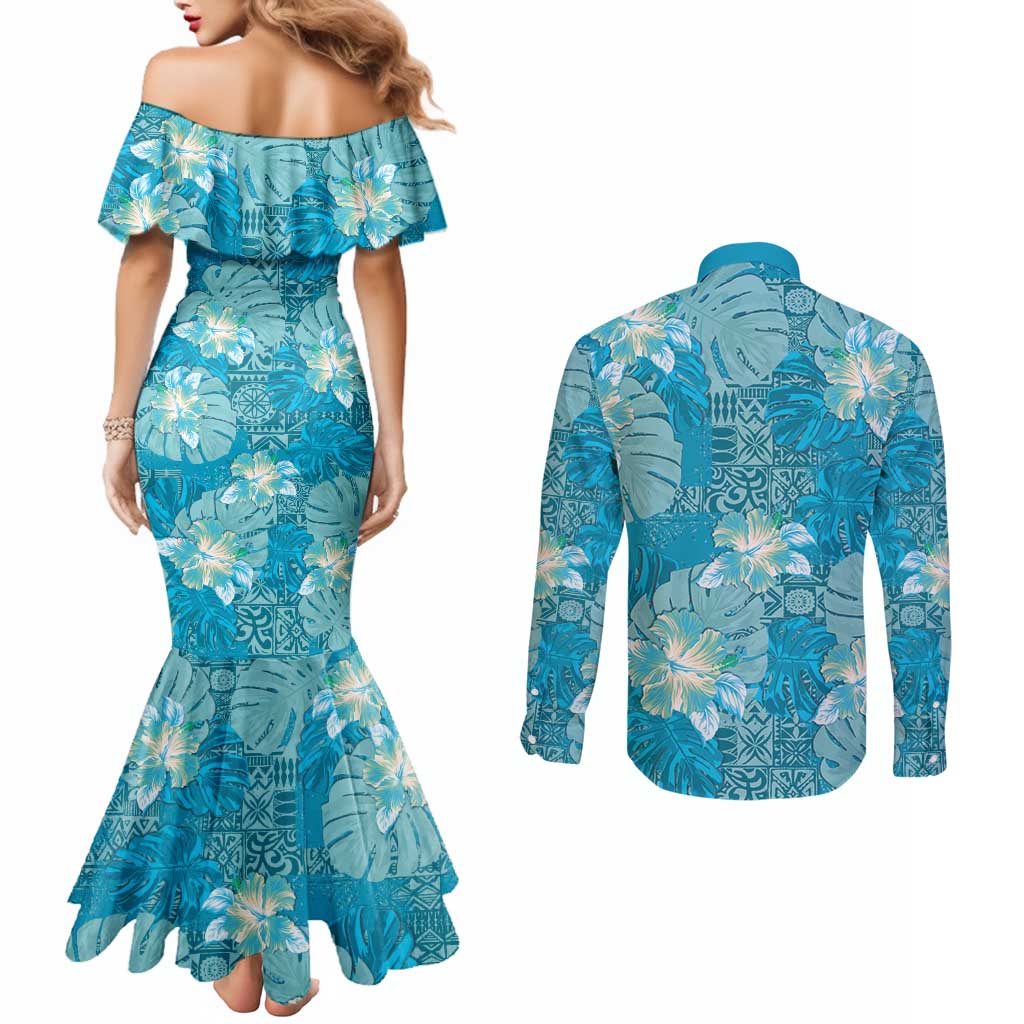 Hawaii Couples Matching Mermaid Dress and Long Sleeve Button Shirt Teal Polynesian Monstera Patterns - Polynesian Pride