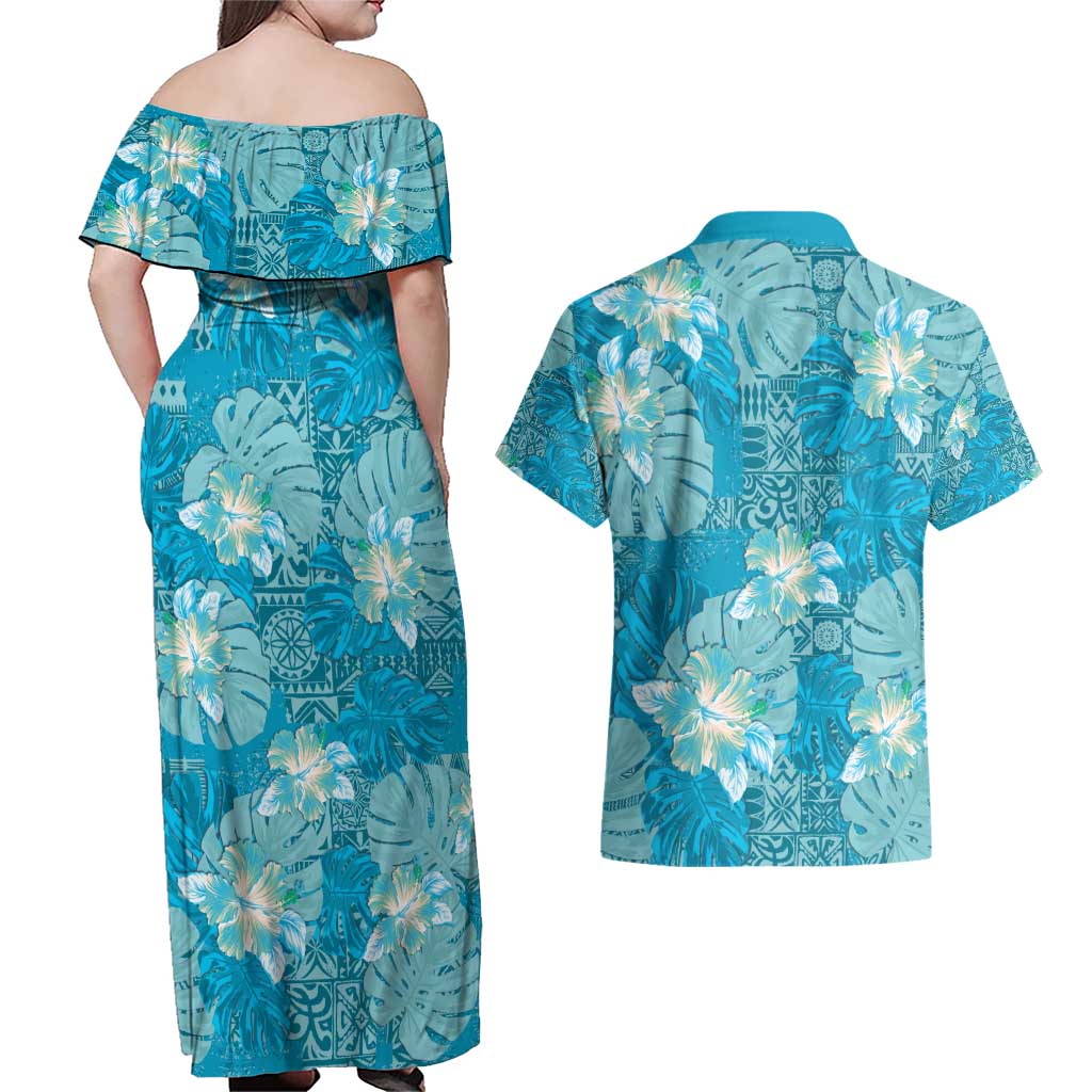 Hawaii Couples Matching Off Shoulder Maxi Dress and Hawaiian Shirt Teal Polynesian Monstera Patterns - Polynesian Pride