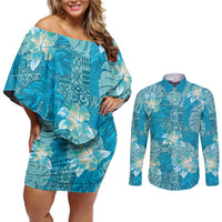 Hawaii Couples Matching Off Shoulder Short Dress and Long Sleeve Button Shirt Teal Polynesian Monstera Patterns - Polynesian Pride