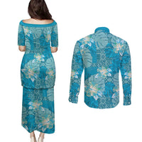 Hawaii Couples Matching Puletasi and Long Sleeve Button Shirt Teal Polynesian Monstera Patterns DT05 - Polynesian Pride