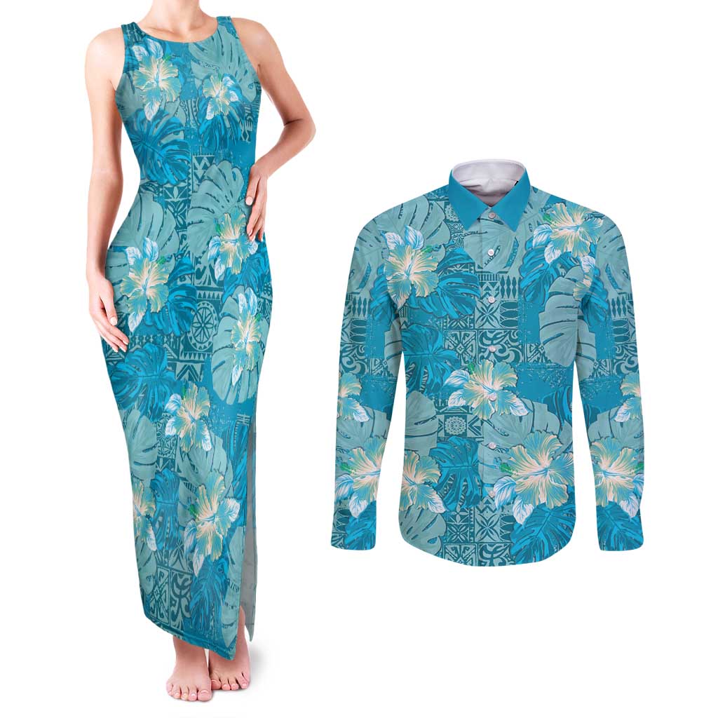 Hawaii Couples Matching Tank Maxi Dress and Long Sleeve Button Shirt Teal Polynesian Monstera Patterns - Polynesian Pride