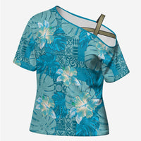 Hawaii Cross Shoulder Shirt Teal Polynesian Monstera Patterns DT05 Female Teal - Polynesian Pride