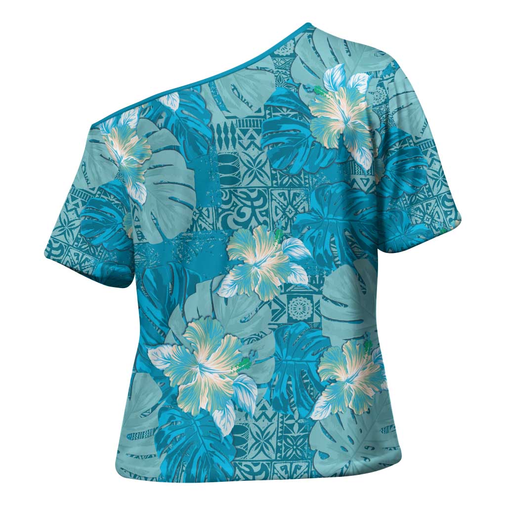 Hawaii Cross Shoulder Shirt Teal Polynesian Monstera Patterns DT05 - Polynesian Pride