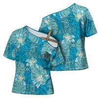 Hawaii Cross Shoulder Shirt Teal Polynesian Monstera Patterns DT05 - Polynesian Pride