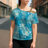 Hawaii Cross Shoulder Shirt Teal Polynesian Monstera Patterns DT05 - Polynesian Pride