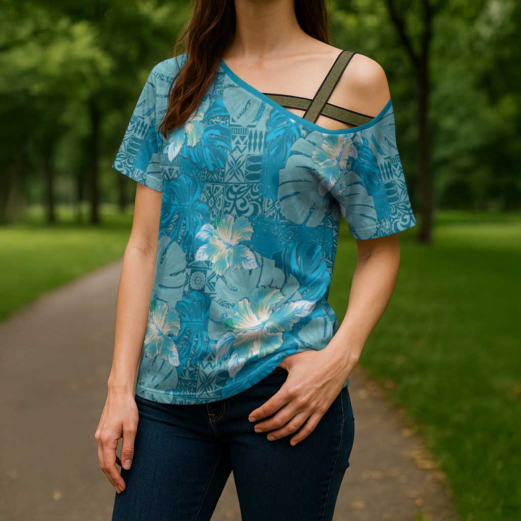 Hawaii Cross Shoulder Shirt Teal Polynesian Monstera Patterns DT05 - Polynesian Pride