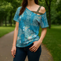 Hawaii Cross Shoulder Shirt Teal Polynesian Monstera Patterns DT05 - Polynesian Pride