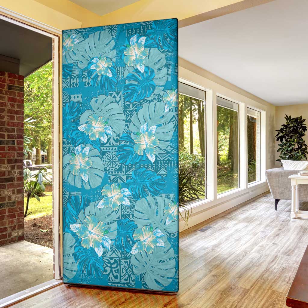 Hawaii Door Cover Teal Polynesian Monstera Patterns - Polynesian Pride
