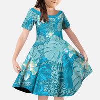 Hawaii Family Matching Puletasi and Hawaiian Shirt Teal Polynesian Monstera Patterns DT05 Daughter's Dress Teal - Polynesian Pride