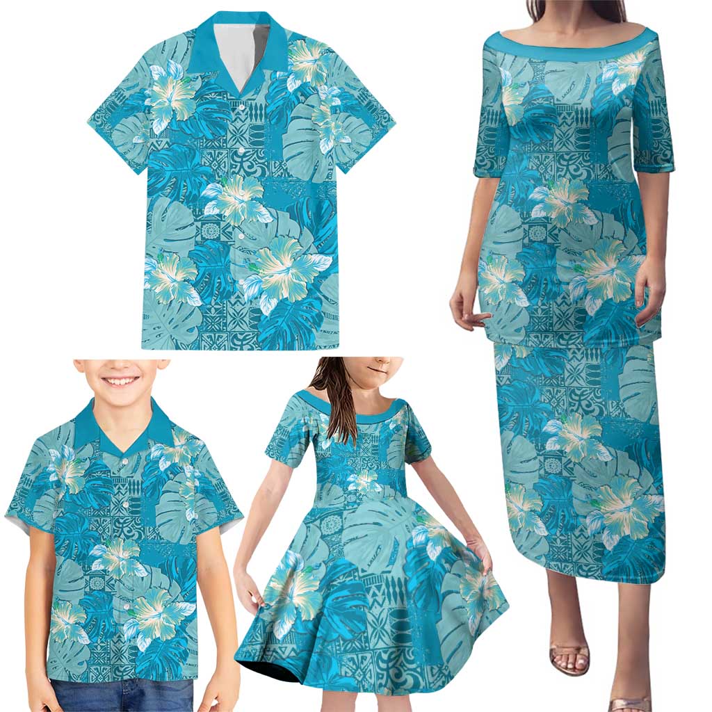 Hawaii Family Matching Puletasi and Hawaiian Shirt Teal Polynesian Monstera Patterns DT05 - Polynesian Pride