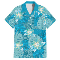 Hawaii Family Matching Puletasi and Hawaiian Shirt Teal Polynesian Monstera Patterns DT05 Dad's Shirt - Short Sleeve Teal - Polynesian Pride