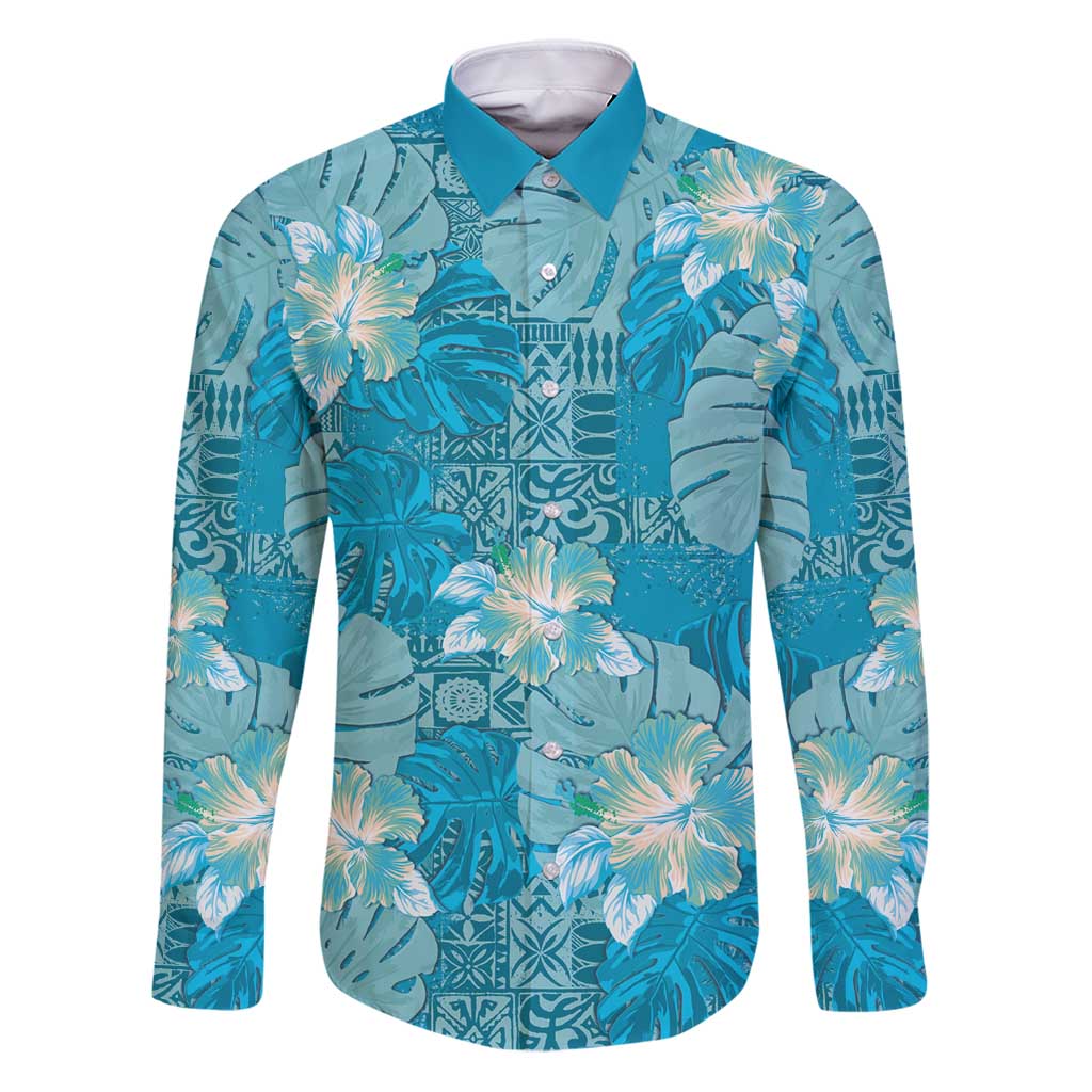 Hawaii Family Matching Puletasi and Hawaiian Shirt Teal Polynesian Monstera Patterns DT05 Dad's Shirt - Long Sleeve Teal - Polynesian Pride