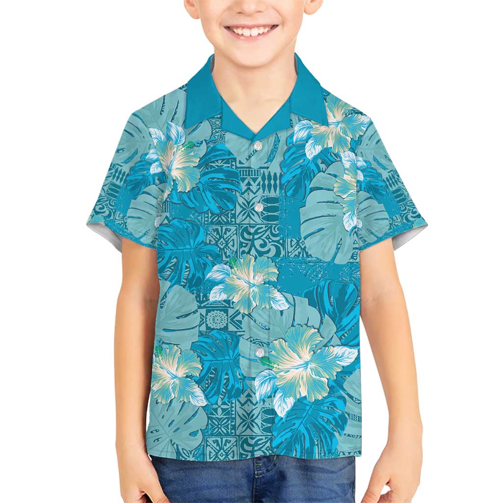 Hawaii Family Matching Puletasi and Hawaiian Shirt Teal Polynesian Monstera Patterns DT05 Son's Shirt Teal - Polynesian Pride