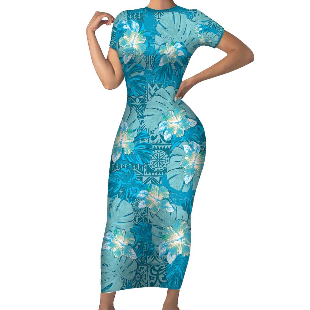 Hawaii Family Matching Short Sleeve Bodycon Dress and Hawaiian Shirt Teal Polynesian Monstera Patterns - Polynesian Pride