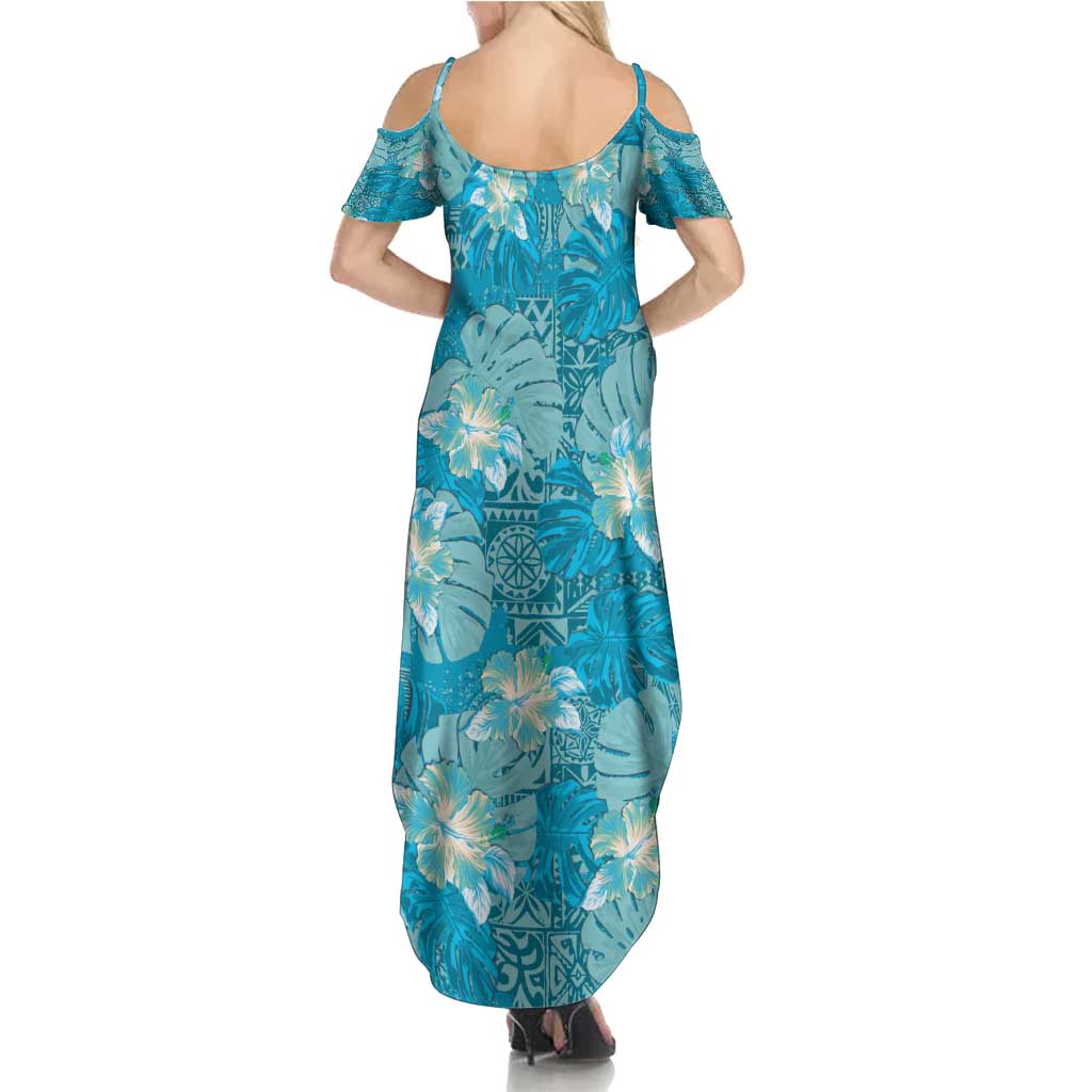 Hawaii Family Matching Summer Maxi Dress and Hawaiian Shirt Teal Polynesian Monstera Patterns - Polynesian Pride