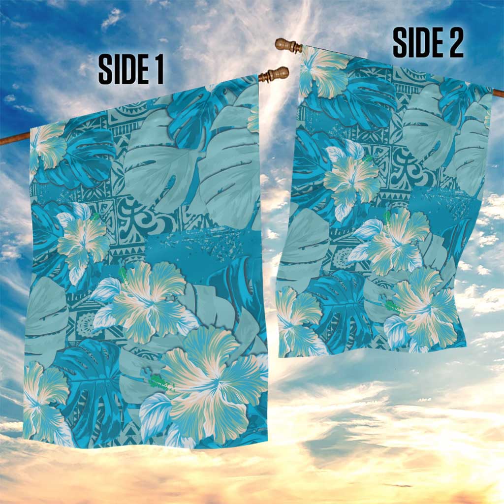 Hawaii Garden Flag Teal Polynesian Monstera Patterns - Polynesian Pride