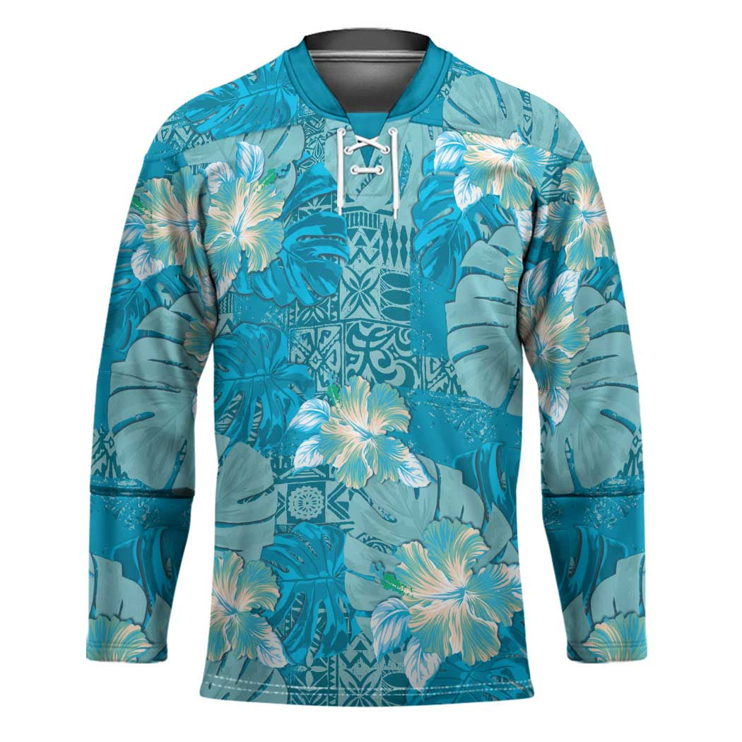 Hawaii Hockey Jersey Teal Polynesian Monstera Patterns - Polynesian Pride