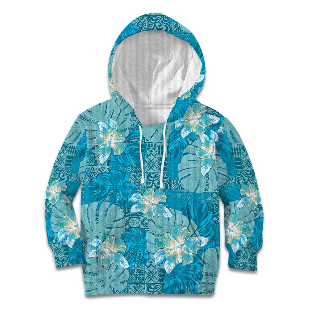 Hawaii Kid Hoodie Teal Polynesian Monstera Patterns - Polynesian Pride