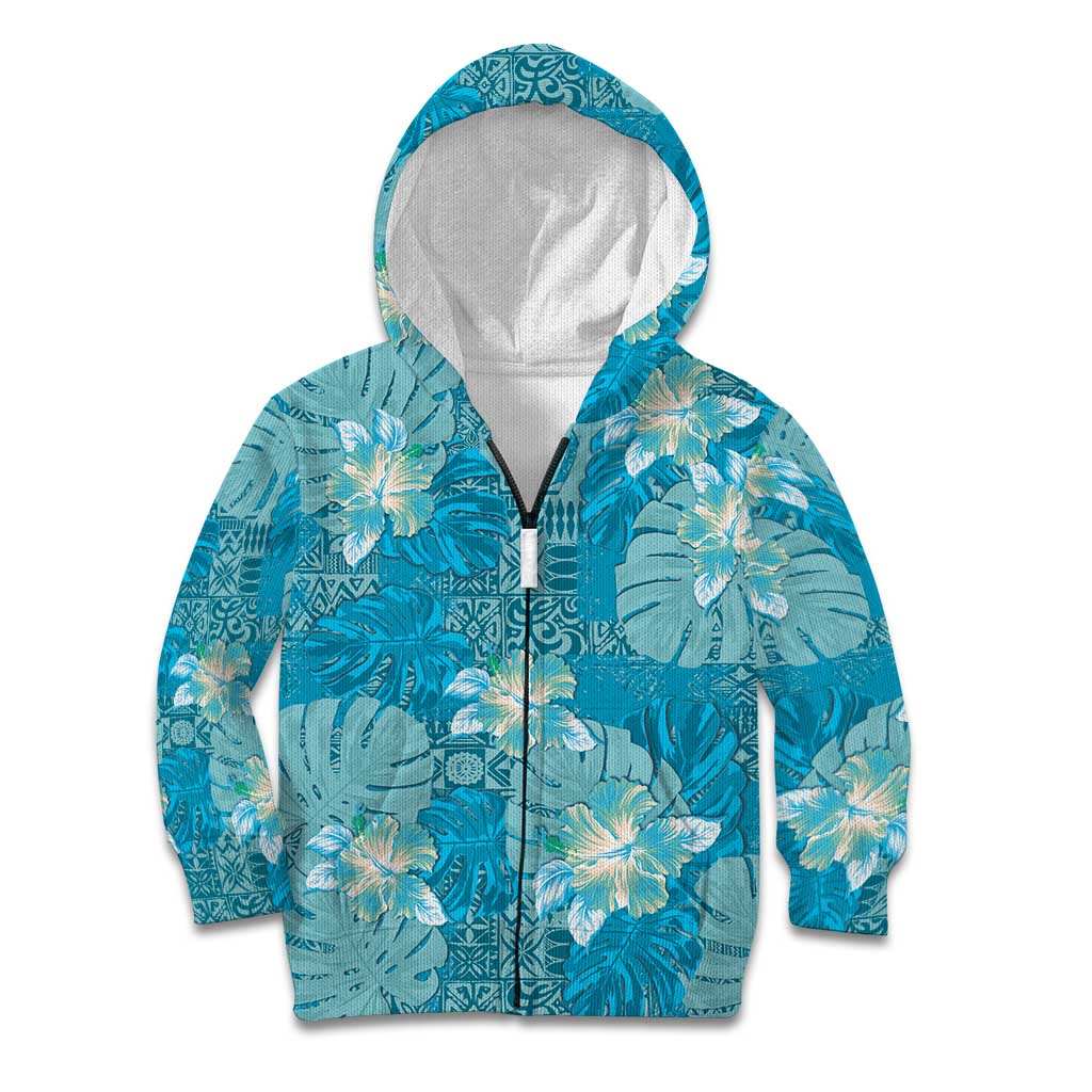 Hawaii Kid Hoodie Teal Polynesian Monstera Patterns - Polynesian Pride