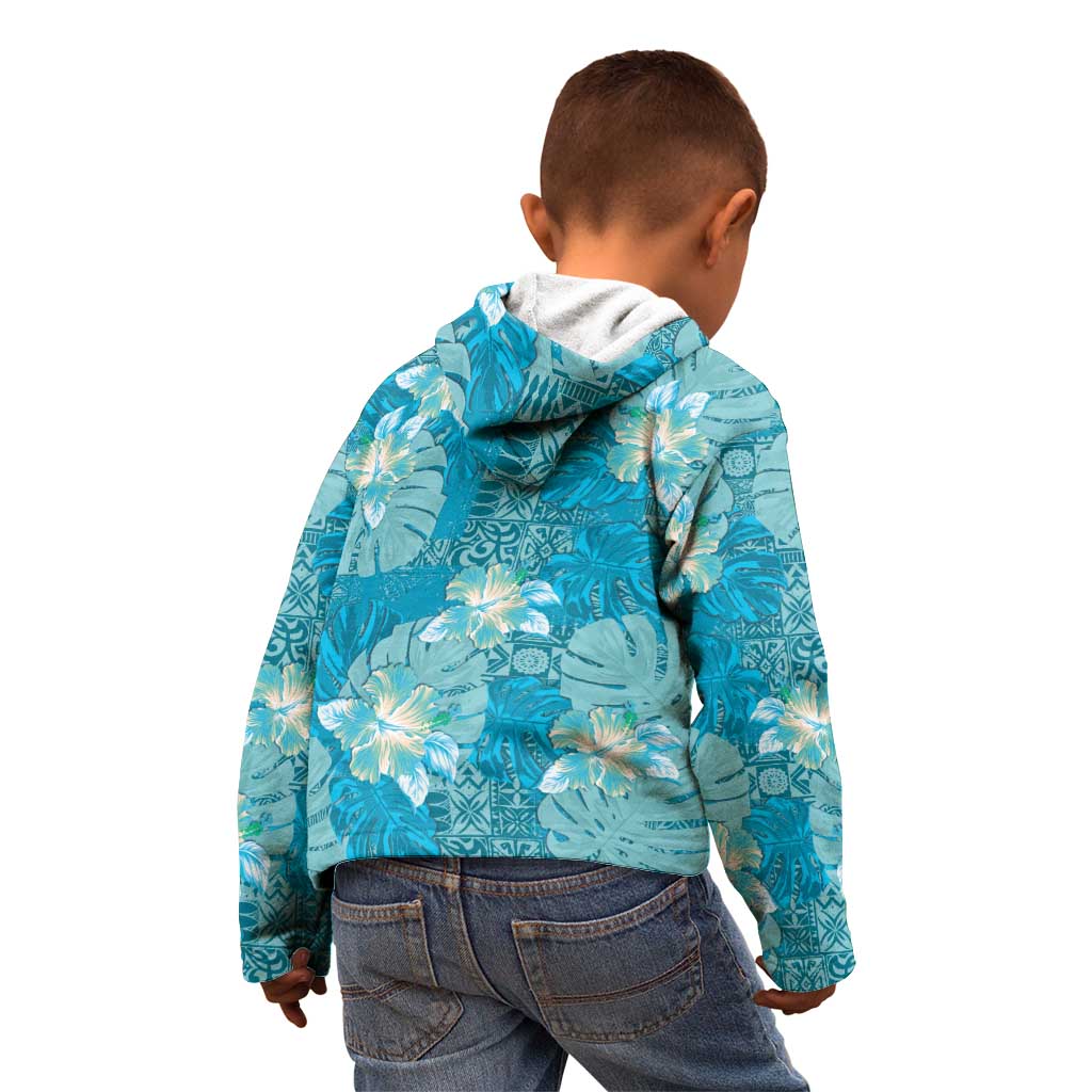Hawaii Kid Hoodie Teal Polynesian Monstera Patterns - Polynesian Pride
