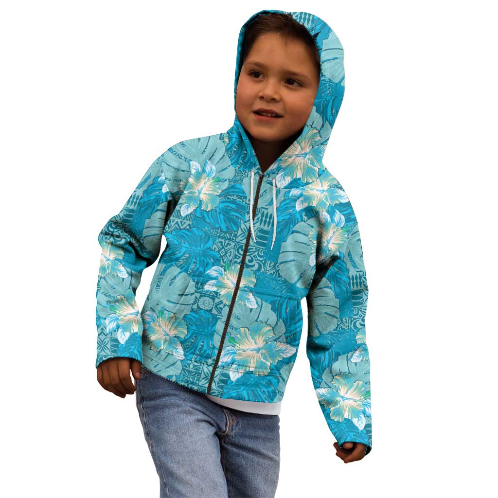 Hawaii Kid Hoodie Teal Polynesian Monstera Patterns - Polynesian Pride