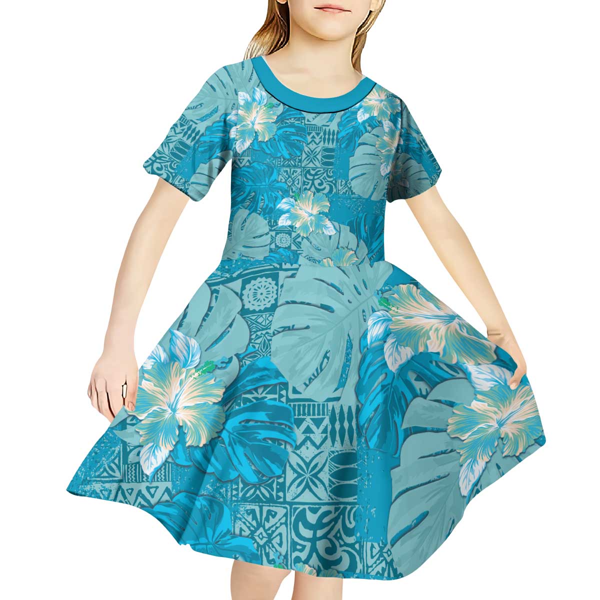 Hawaii Kid Short Sleeve Dress Teal Polynesian Monstera Patterns - Polynesian Pride